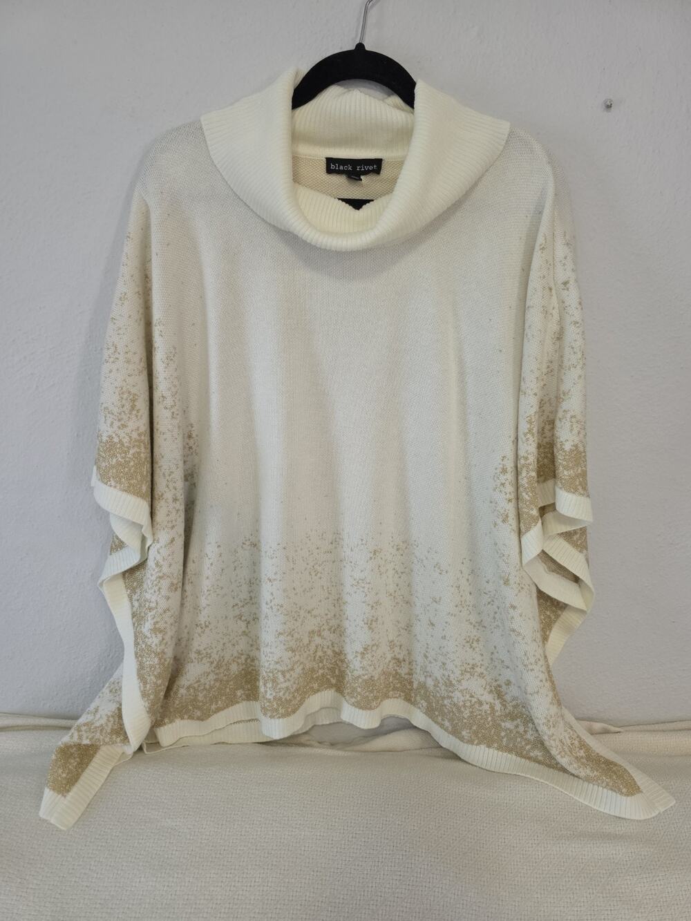 Black Rivet Cream Cowl Neck Poncho Sweater Featuring a Textured Gold Flecks Sz M